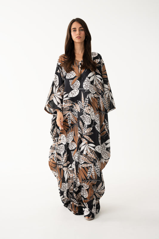 Black Tribal Motif Italian Silk Viscose Caftan - House of Caftan