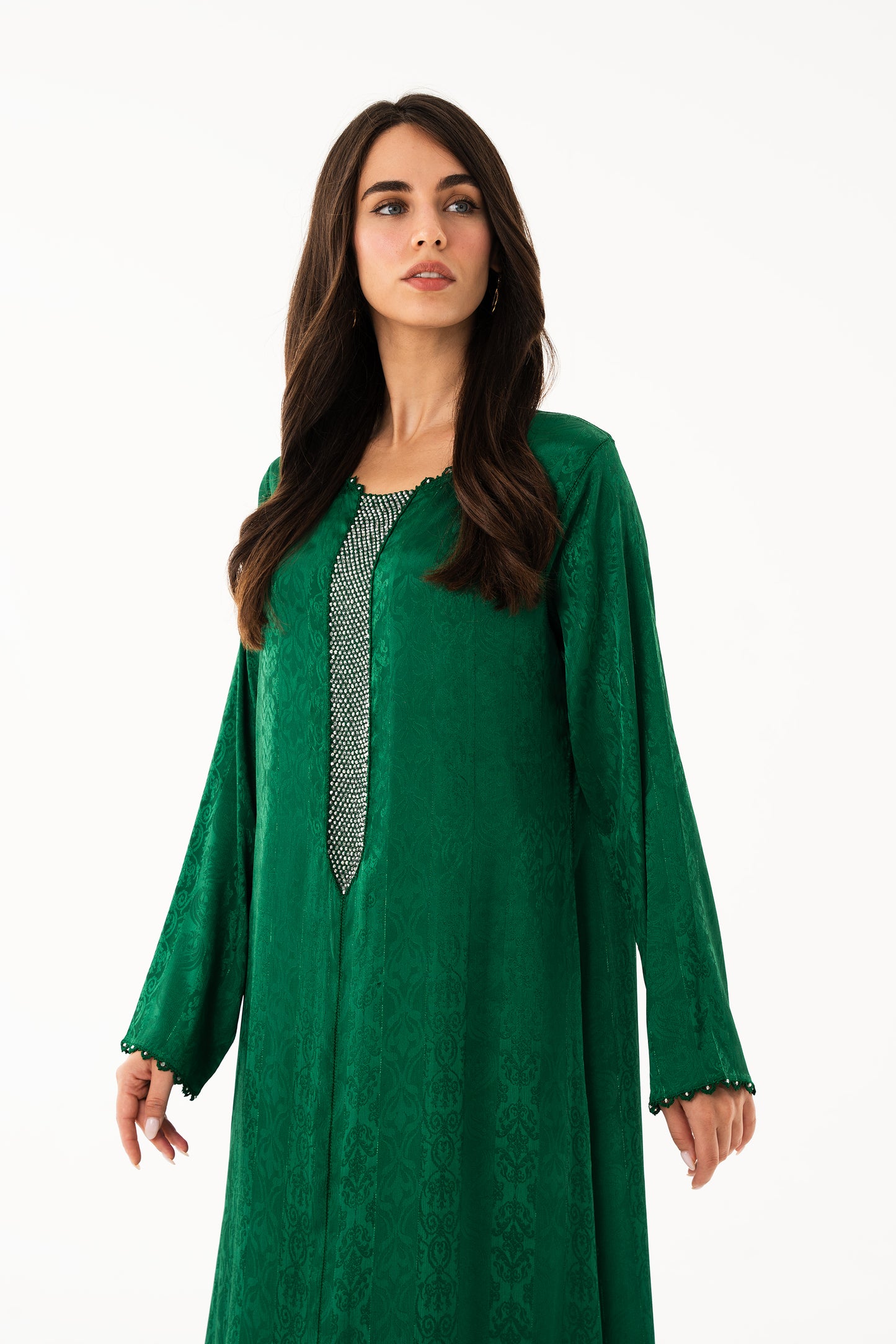 Emerald Green Caftan with Emerald Silver Grey Beads - House of Caftan