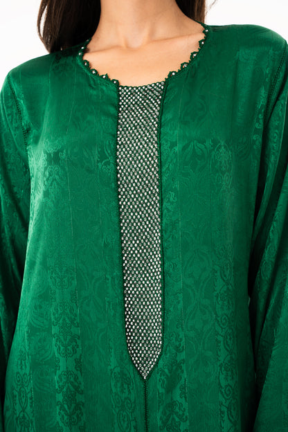 Emerald Green Caftan with Emerald Silver Grey Beads - House of Caftan