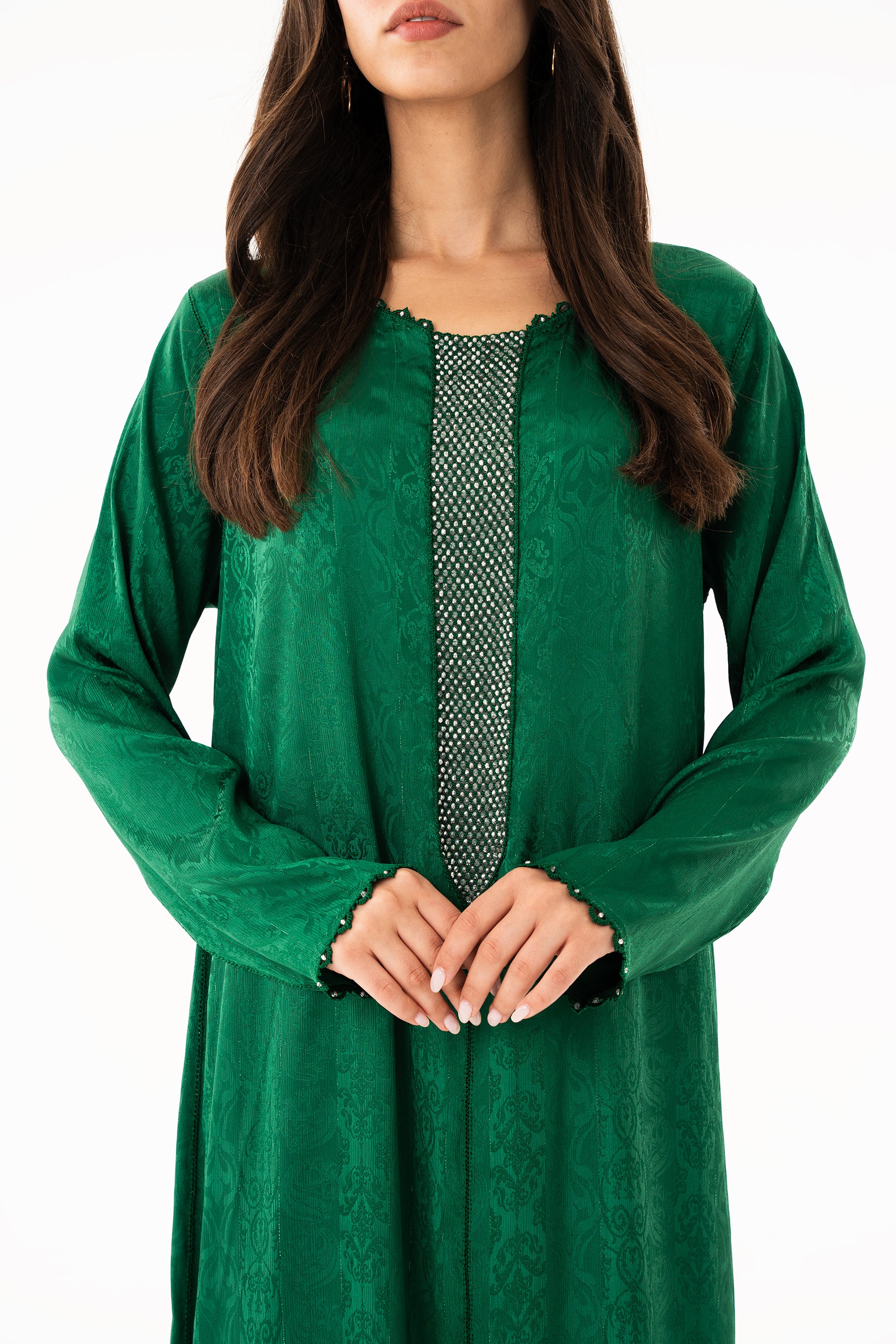 Emerald Green Caftan with Emerald Silver Grey Beads - House of Caftan