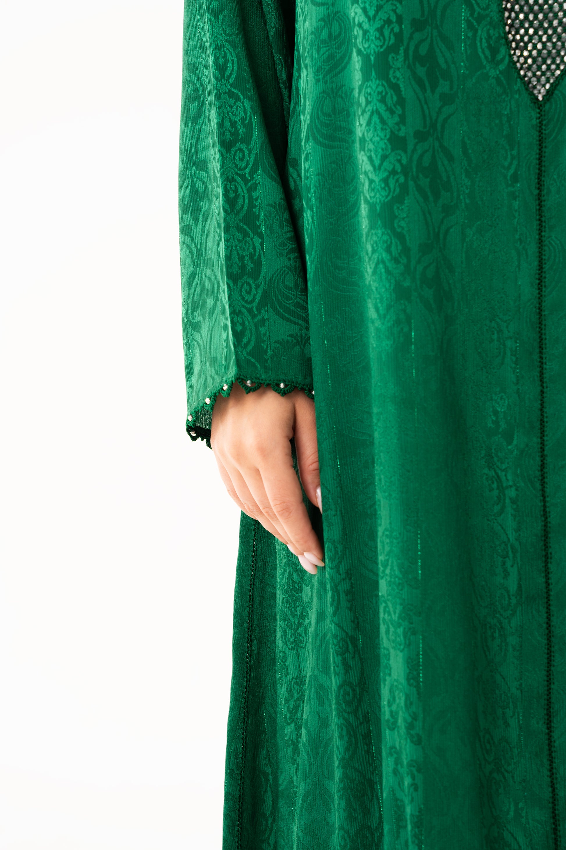 Emerald Green Caftan with Emerald Silver Grey Beads - House of Caftan