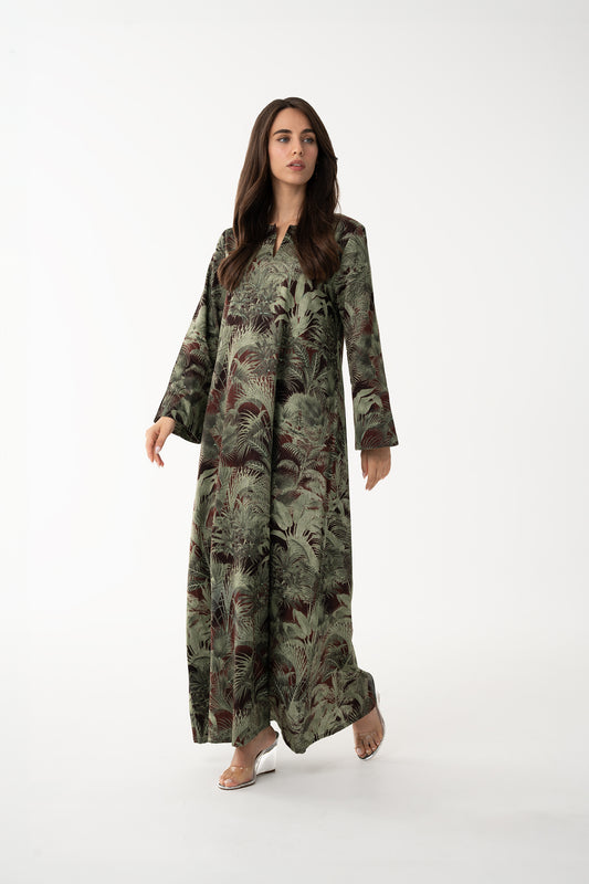 Forest Green with Palm Print Jalabia - House of Caftan