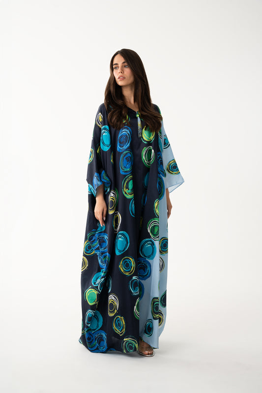 Navy and Aquamarine Color Block Italian Silk Viscose Caftan - House of Caftan